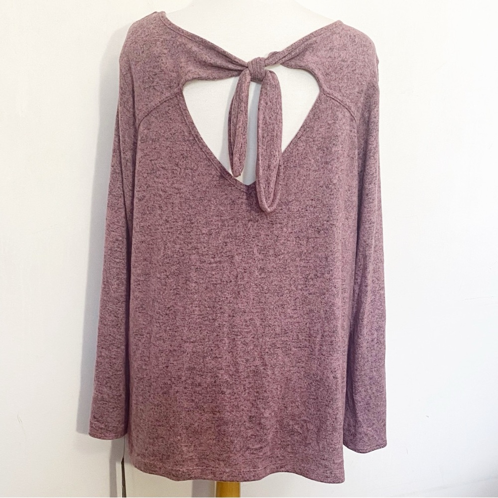 A. BYER Women's Heathered Purple Sweater Top Soft Fuzzy keyhole bow back 1X